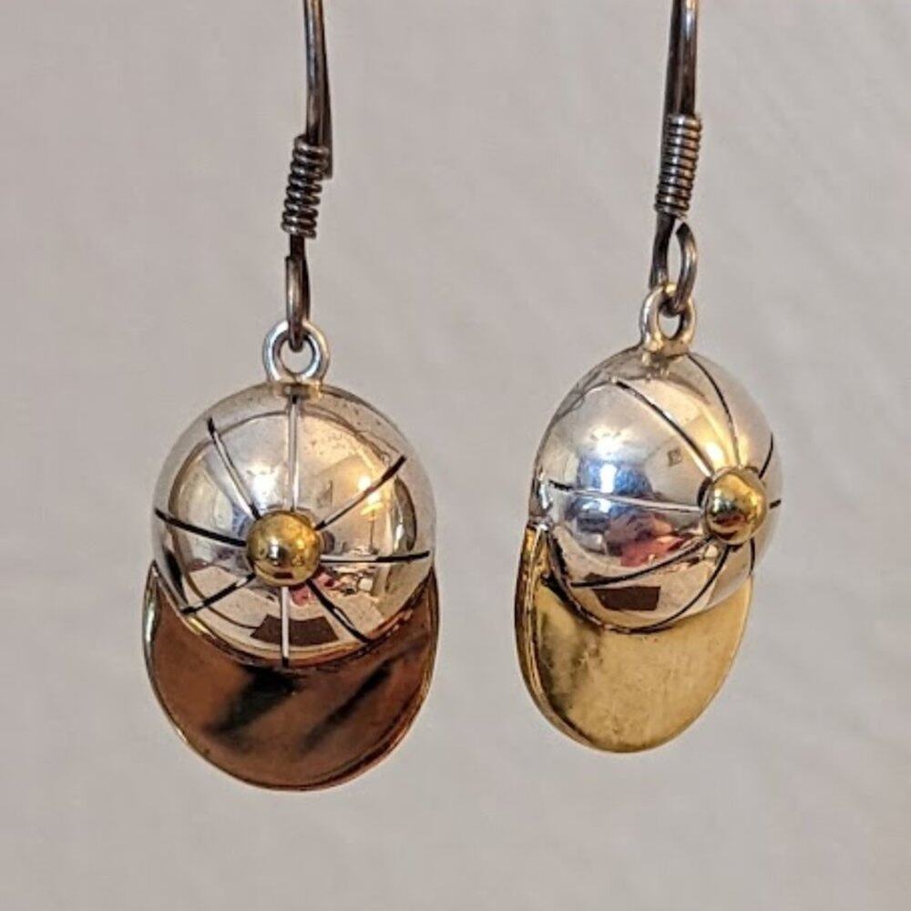 Two Tone Metal Dangling Baseball/Jockey Cap Earrings - Picture 2 of 6